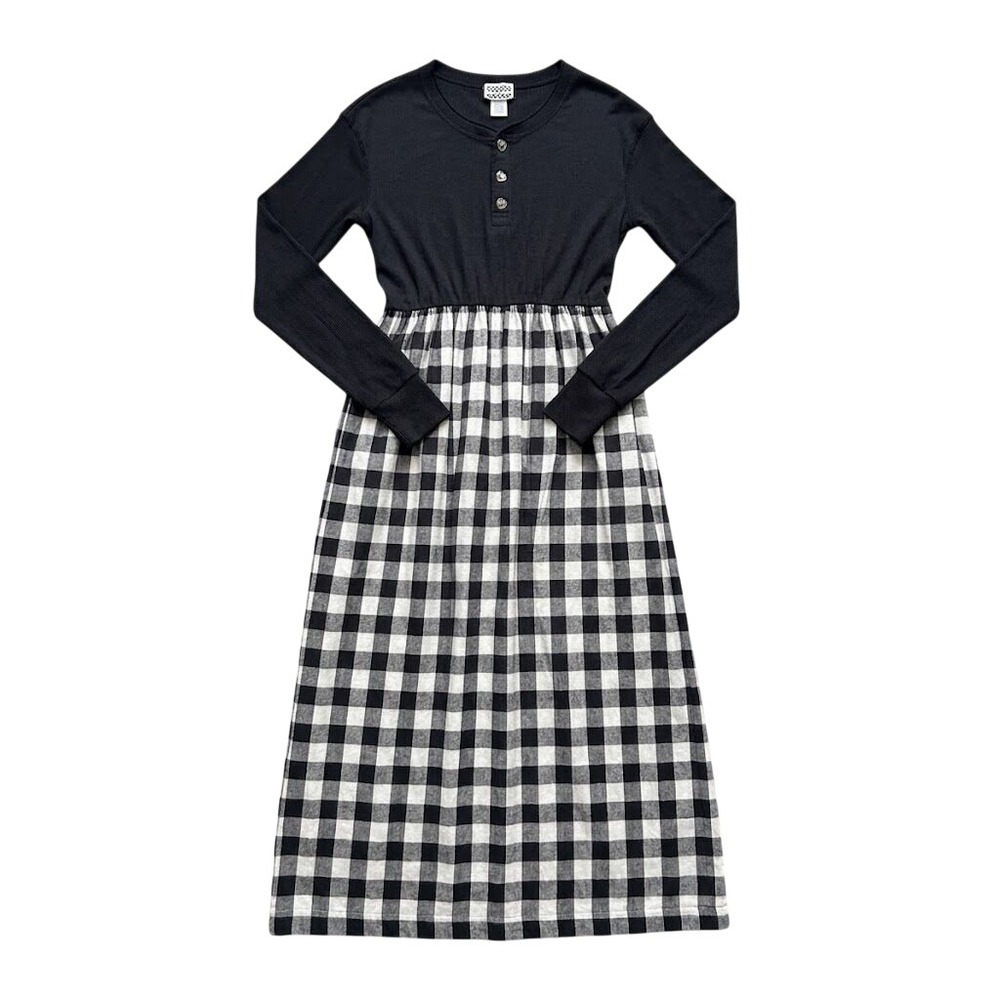 90s Vintage Black Buffalo Plaid Henley Maxi Dress Cotton S/M